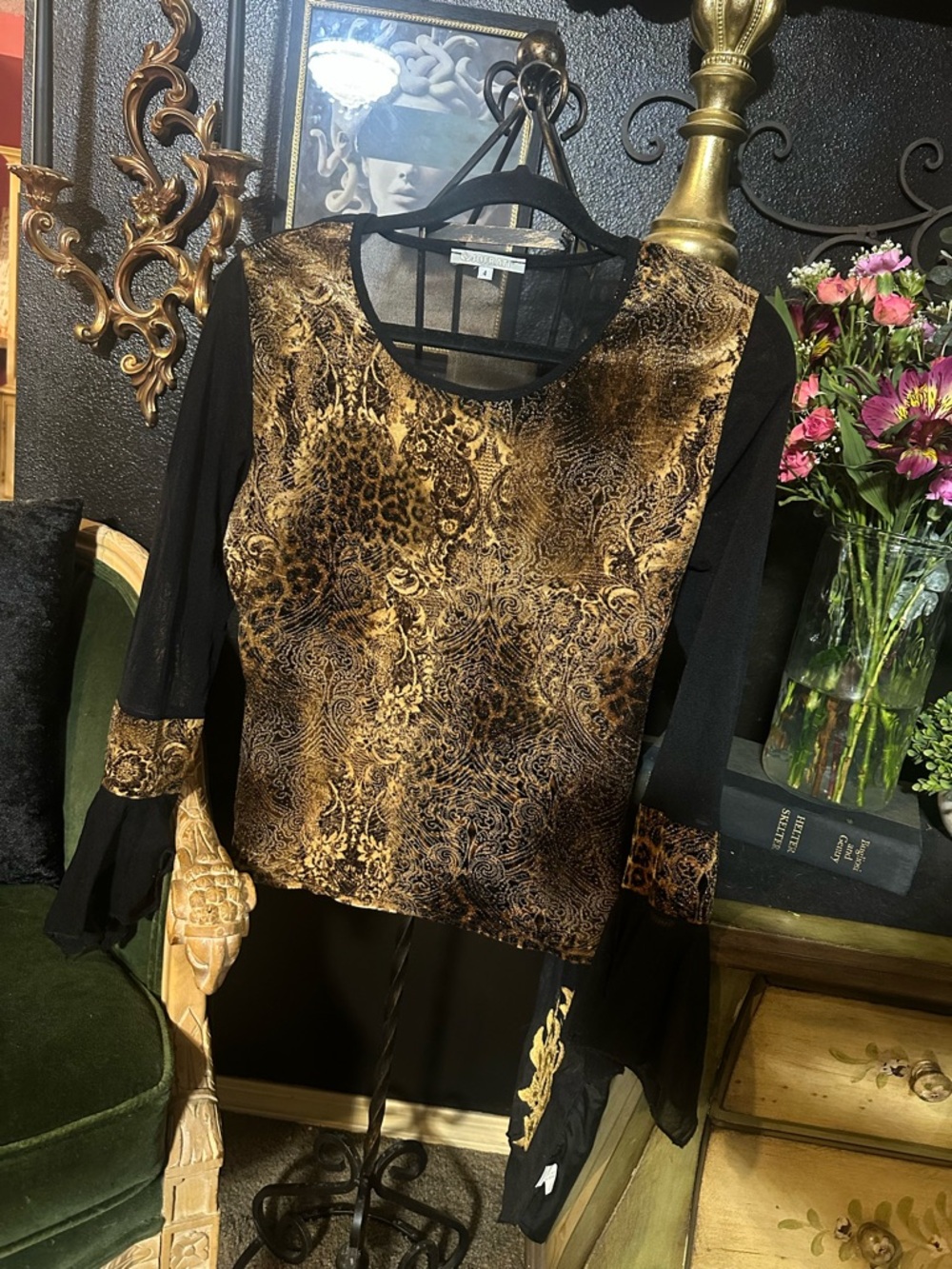Velvet Burnout Gold-Black Long Sleeve Blouse